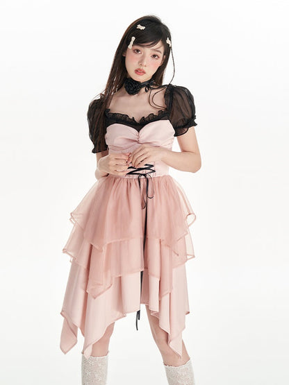 Contrast Color Bandage Mesh Princess Dress