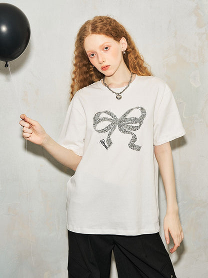 Sequin Bow Embroidery Loose T-shirt