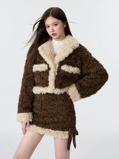 Lamb Hair Plush Short Jacket ＆ Mini Skirt