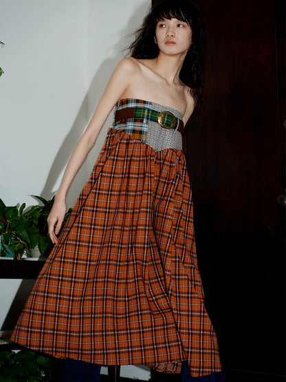 Retro Plaid Stitching Long Skirt With Belt