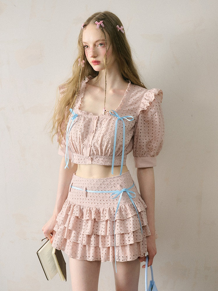 Cutwork Lace Ribbon Cropped Shirt &amp; Cake Skirt