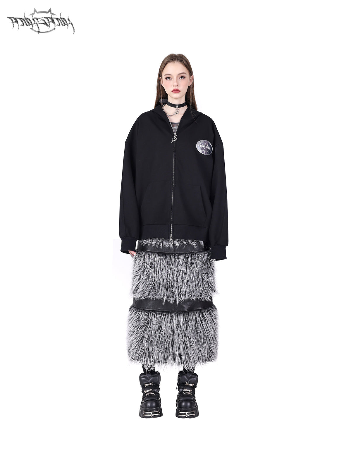 Front And Back 2Way Spliced Fur Double Zipper Leather Skirt