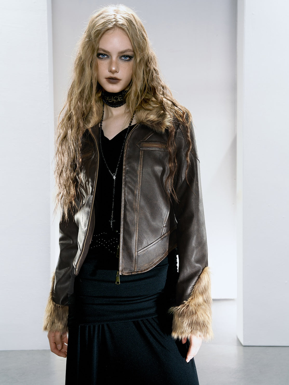 Fur Collar Quilted Leather Jacket