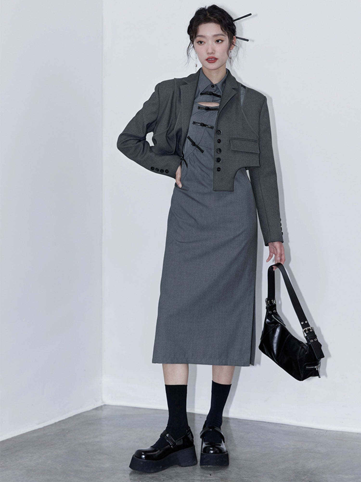 College Style Design Jacket &amp; Pleated Skirt &amp; Jacquard Shirt