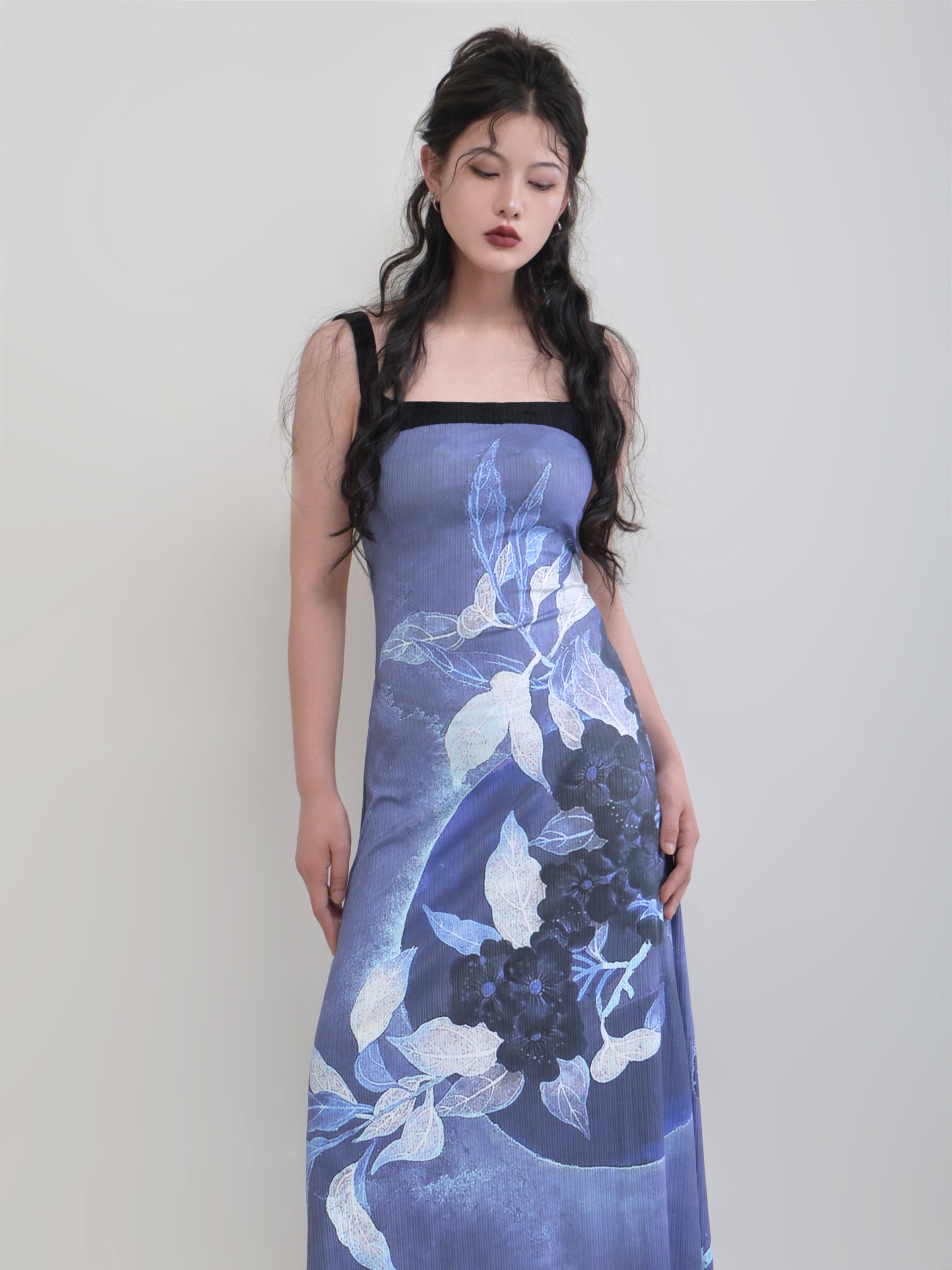 Chinese Style Printing Backless Bow Sleeveless Dress