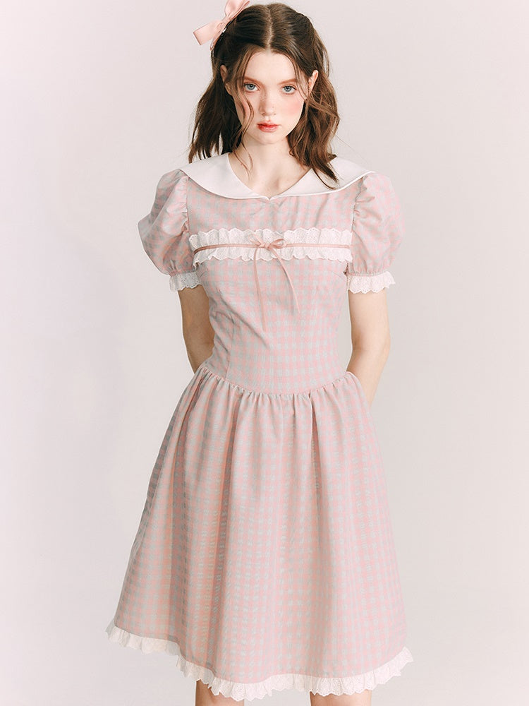 PLAID DOLL COLLAR LACE STITCH ONE-PIECE