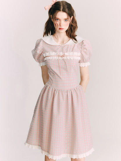 Plaid Doll Collar Lace Stitch One-piece