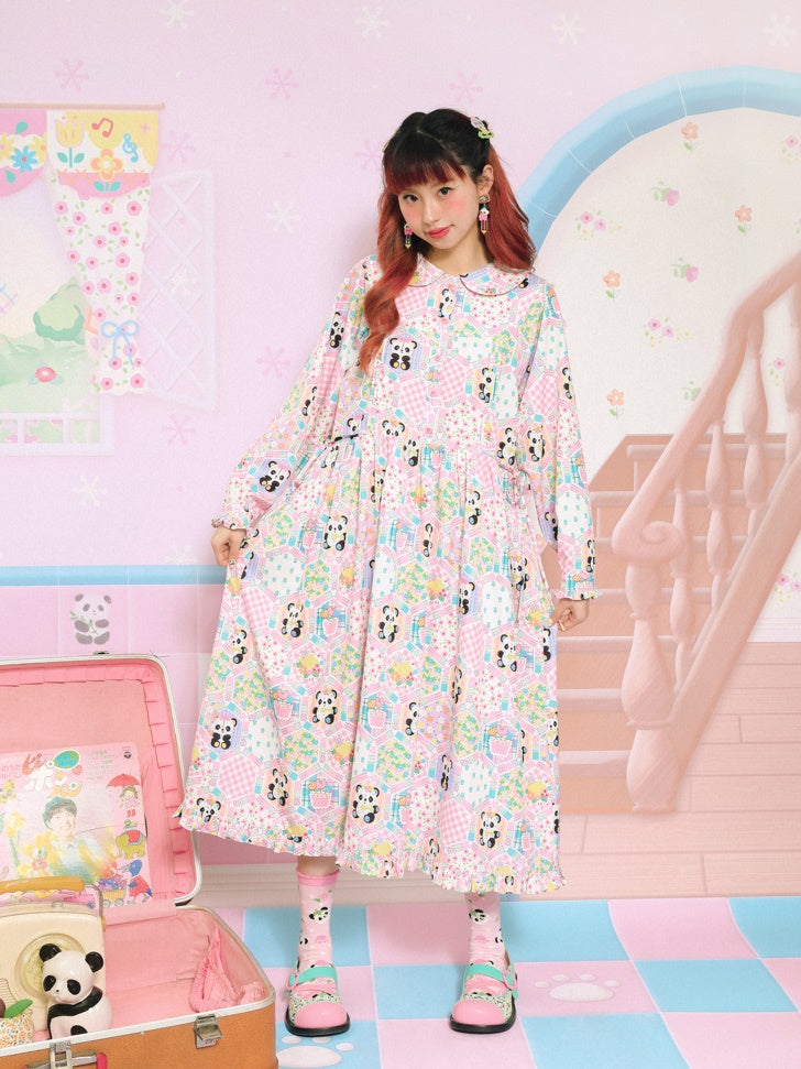 Doll Collar Patchwork Style Printed Loose Dress