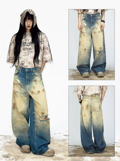 Mud-dyed Ripped Wide Straight Jeans