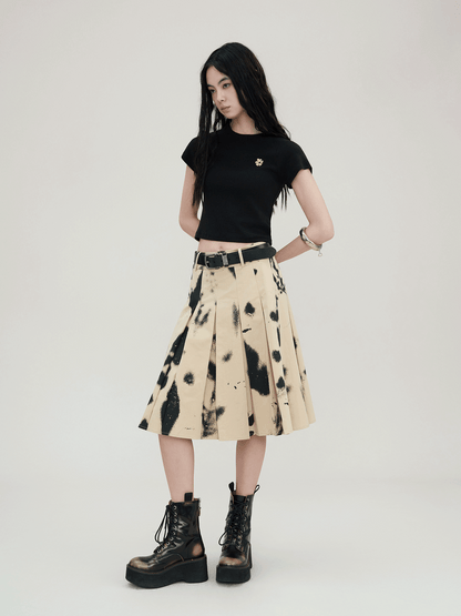 Branches and Leaves Mottled Print Pleated Work Skirt