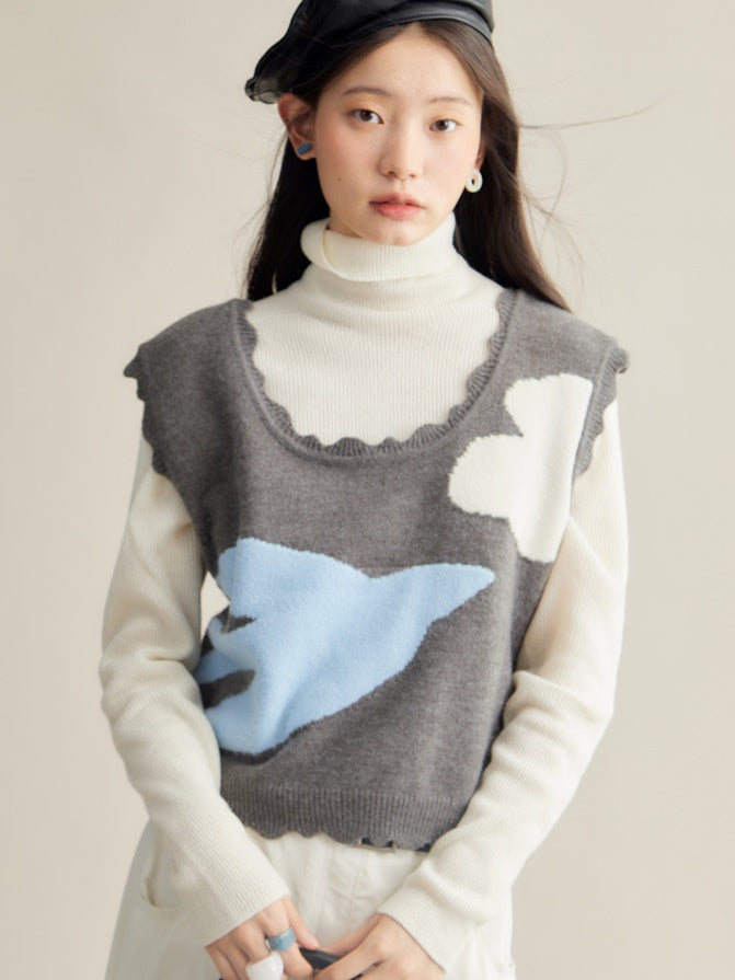 Frill Edge Bird Design Knitted Vest