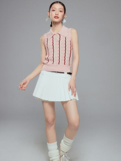 Striped Polo Collar Sleevels Top