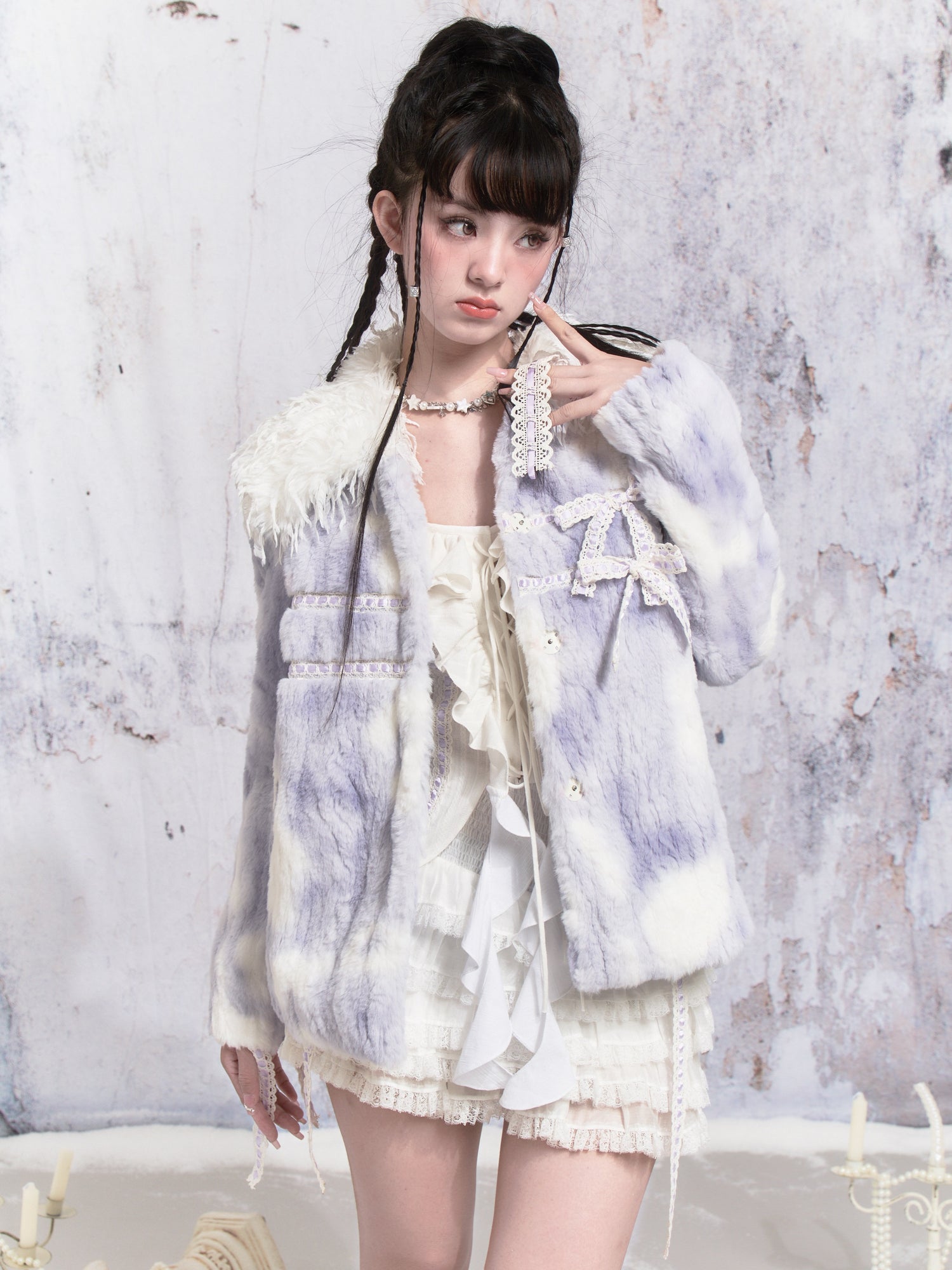 Ribbon Tie-dye Stitching Fur Jacket