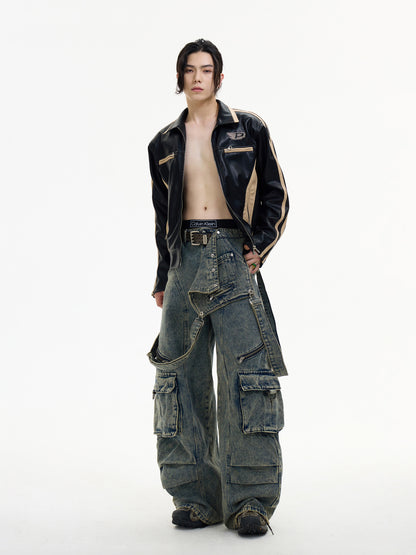 Detachable Distressed Washed Multi-pocket Salopette Pants