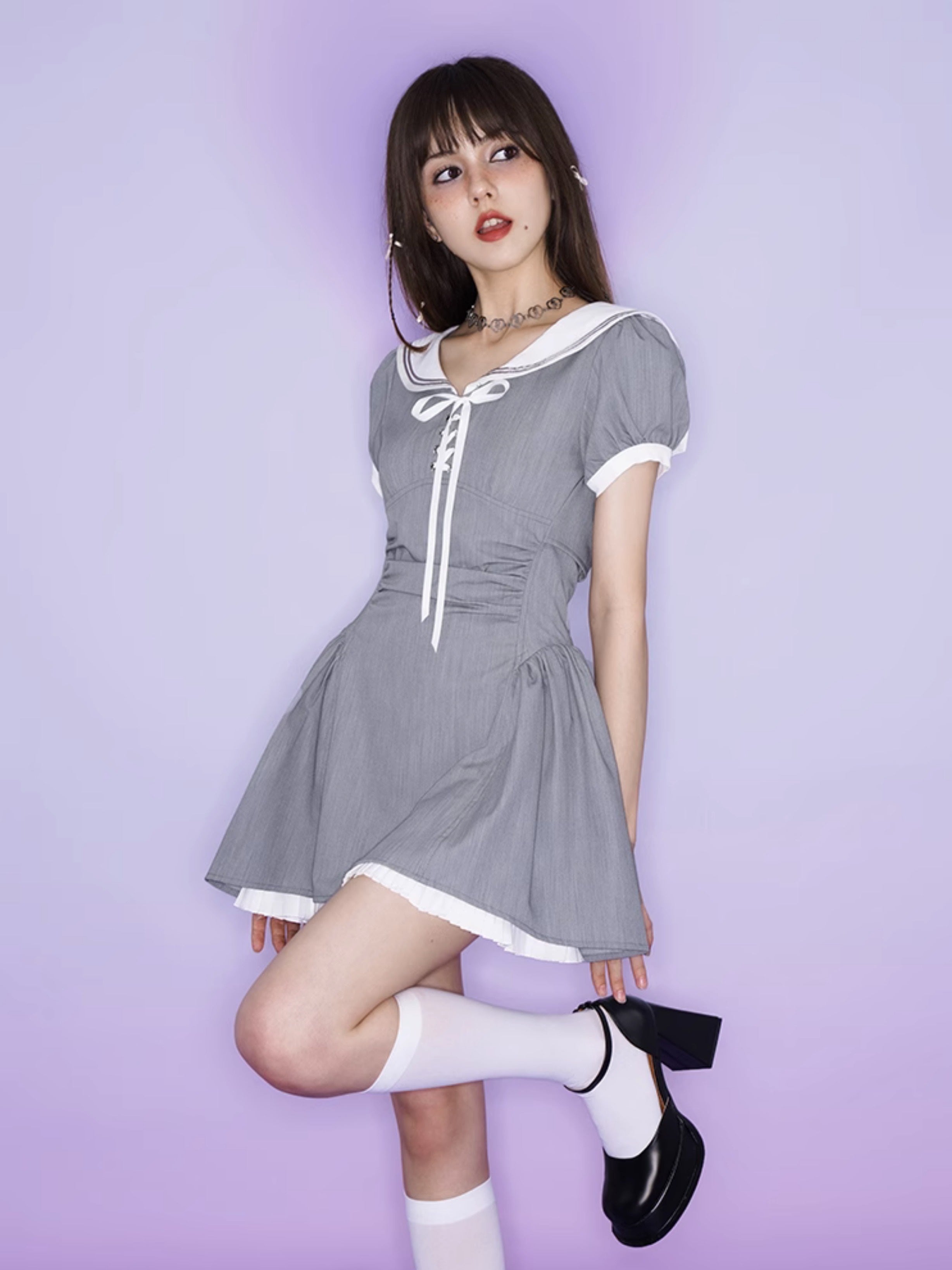 Sailor Collar Ribbon Waist One-piece