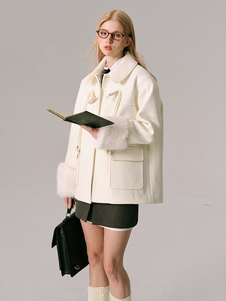 Horn Button Furry Collar Short Coat