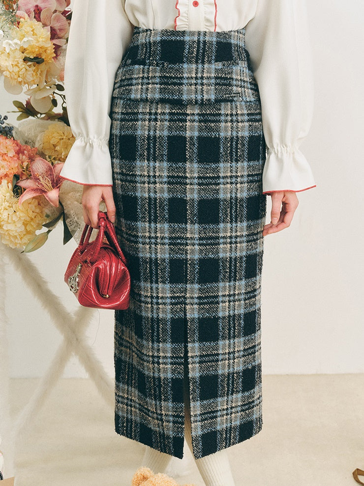 Checked I-Line Slit Mid-Length Skirt &amp; Ribbon