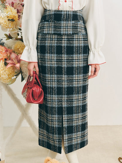 Checked I-Line Slit Mid-Length Skirt &amp; Ribbon