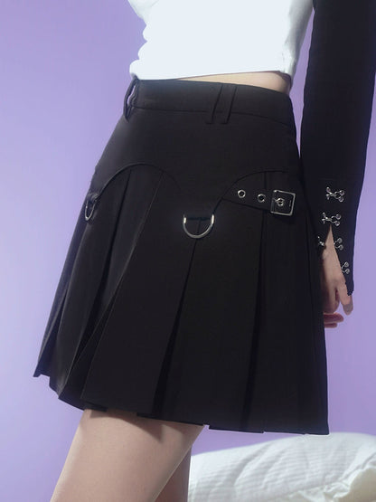 Punk Design High Waist Strap Pleated Skirt