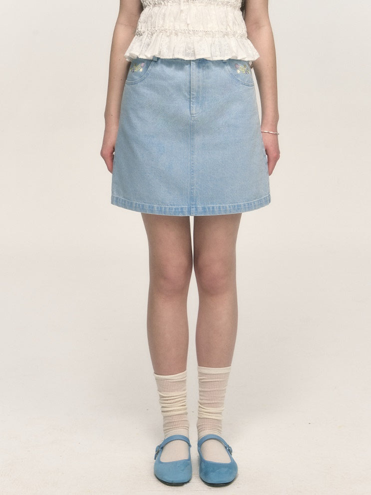 Simple Embroidery A-line Washed Denim Mini Skirt