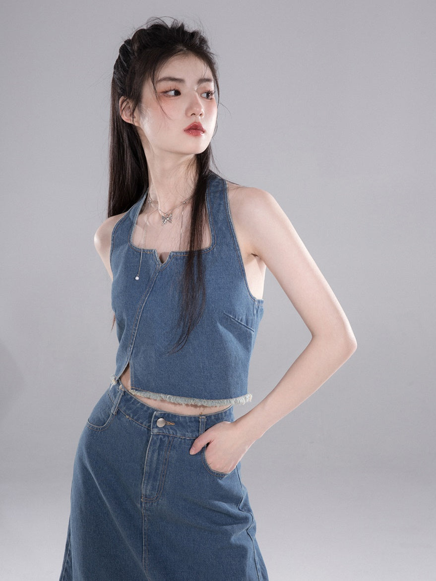 Denim Halter Neck Vest &amp; Fishtail Skirt Set-up