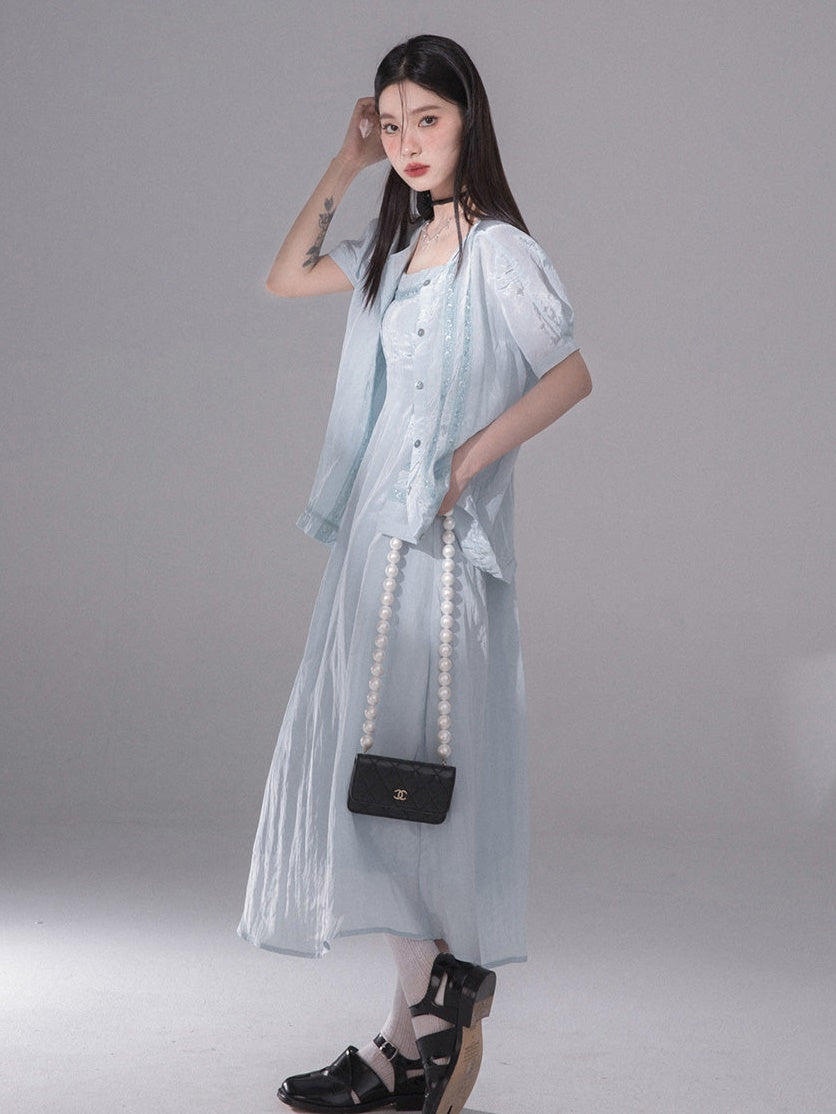 Glossy Drawstring Shirt &amp; Slip Long Dress