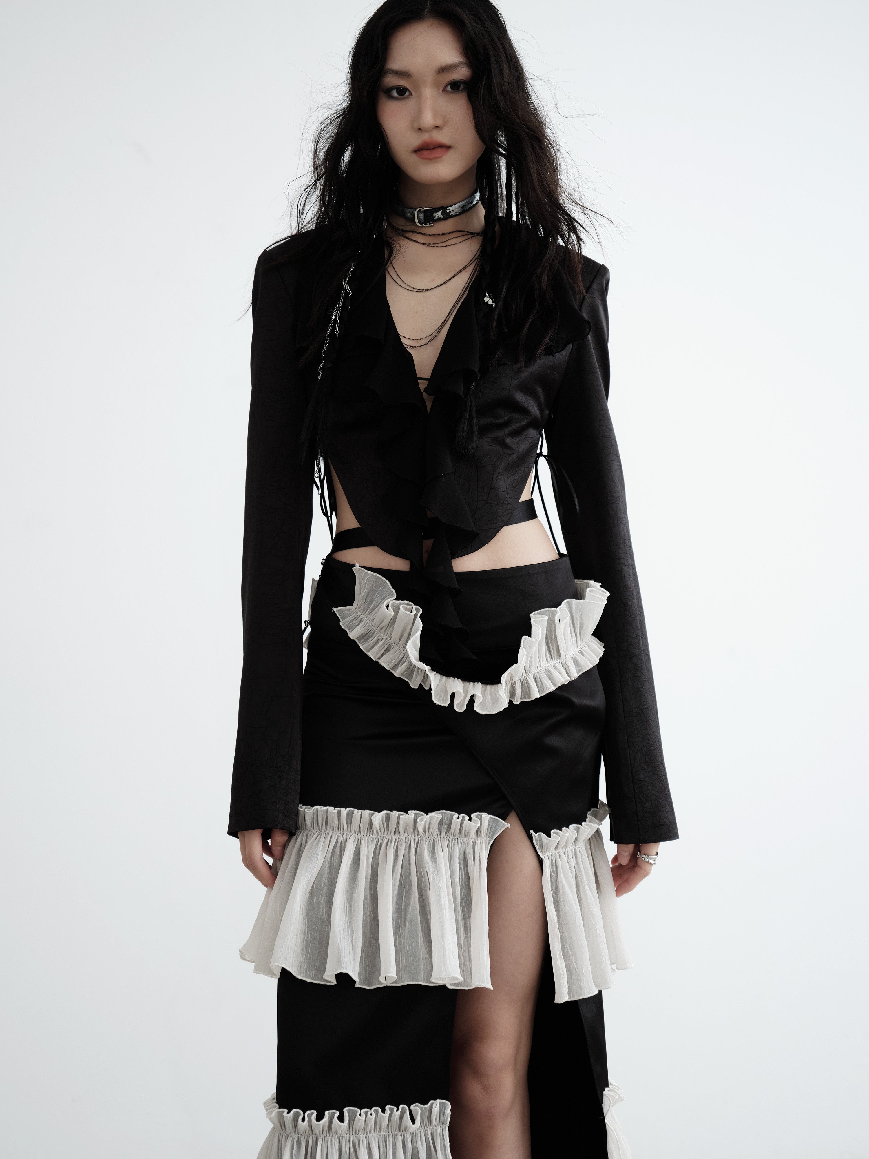 Waist Exposed Pleated Textured Satin Short Jacket – ARCANA ARCHIVE