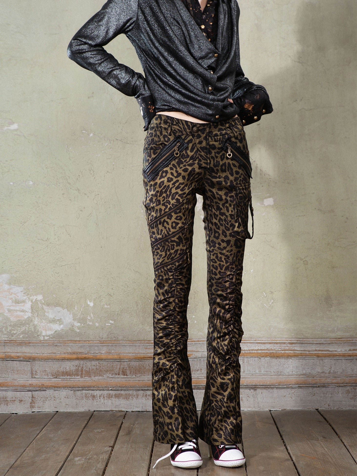 Leopard Print Punk Texture Low-waist Shirring Flared Pants