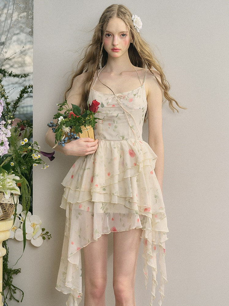 Rose Irregular Ruffle Suspender Dress