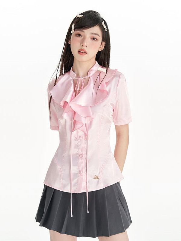 Lotus Ruffled Tie Short-sleeved Shirt