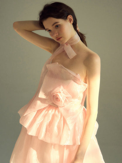 THREE-DIMENSIONAL Rose Organza Bare Top Dress