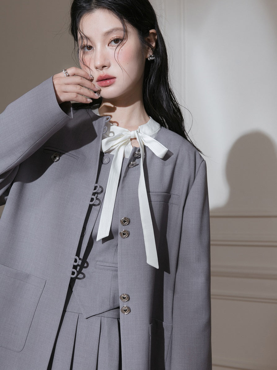 Chinese Style No-Collar Jacket ＆ Vest ＆ Pleated Skirt Set-up