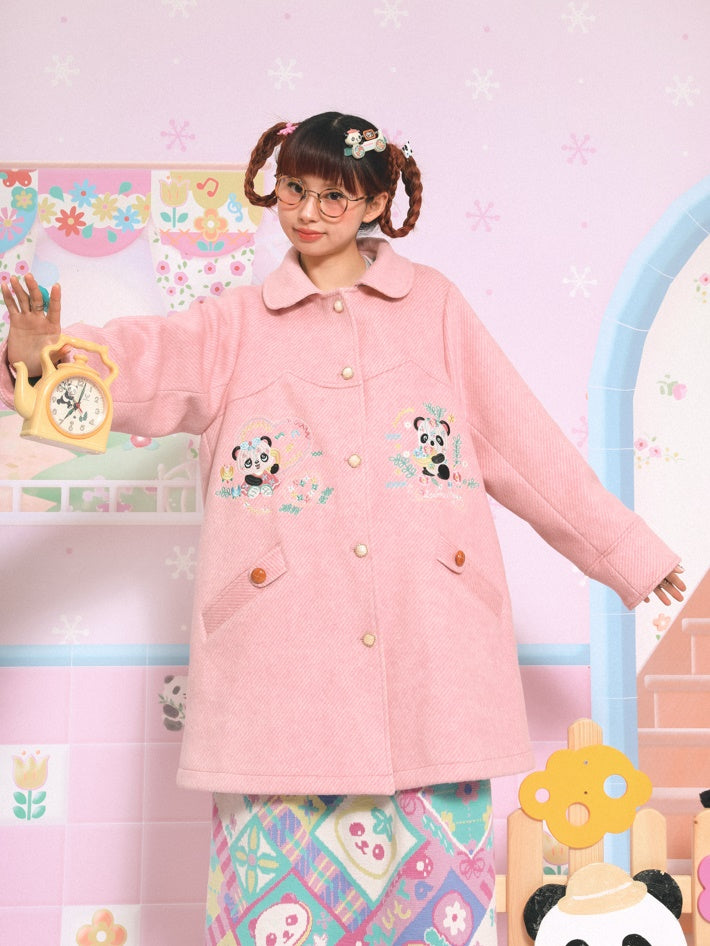 Panda Embroidered Doll Collar Mid-length Coat