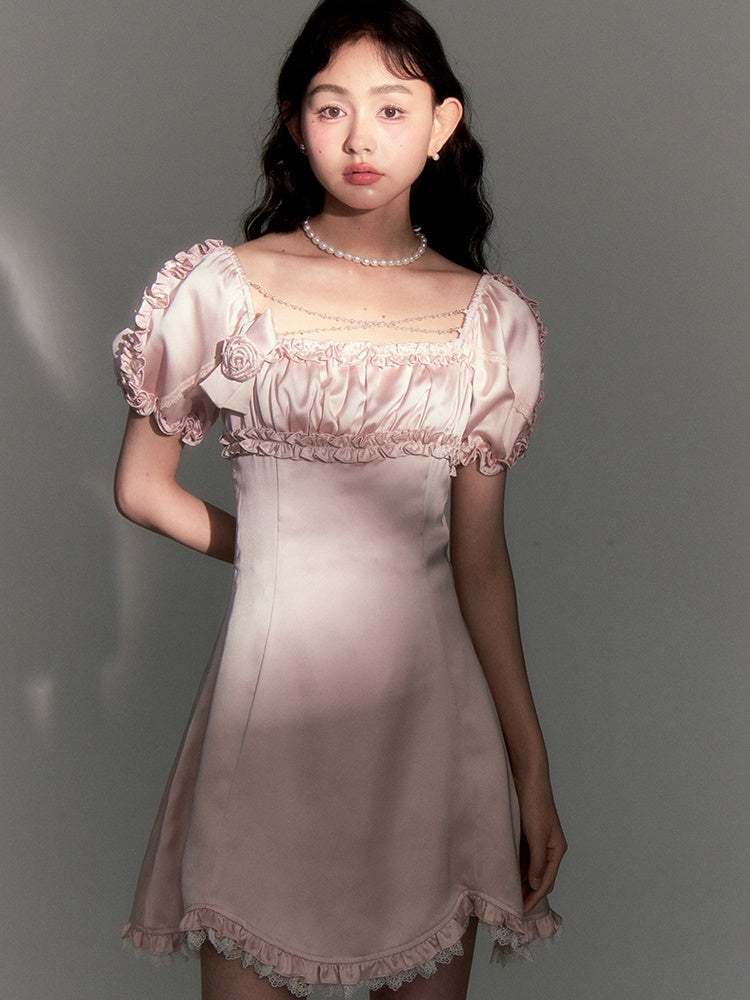 Beaded Chain Frill Decoration Puff Sleeve Dress