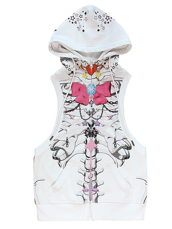 Ribbon Skull Print Hooded Vest