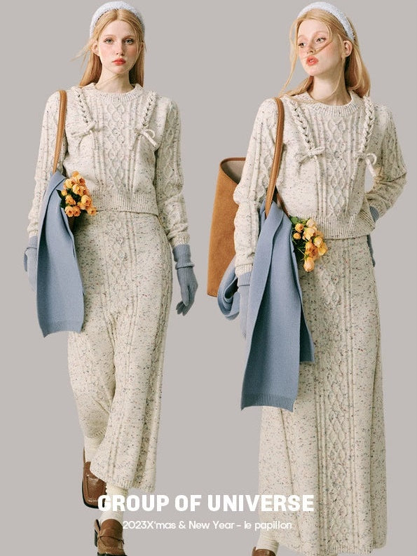 Braid Color Dot Knitted Sweater &amp; Long Skirt