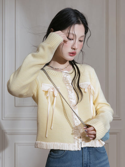 Satin Pleated Decorative Round Neck Cardigan