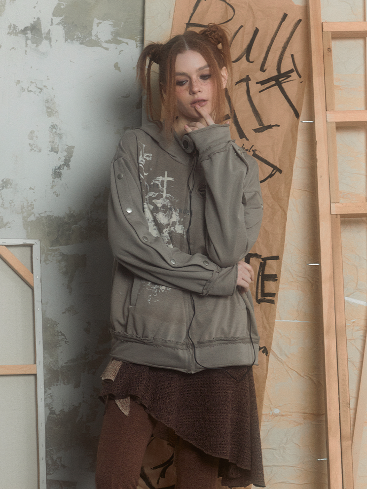 Print Collage Design Gray Loose Hooded Parka