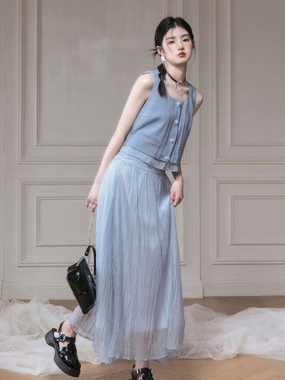 Frill Stitch U-neck Vest ＆ Gauze Long Skirt Set-up