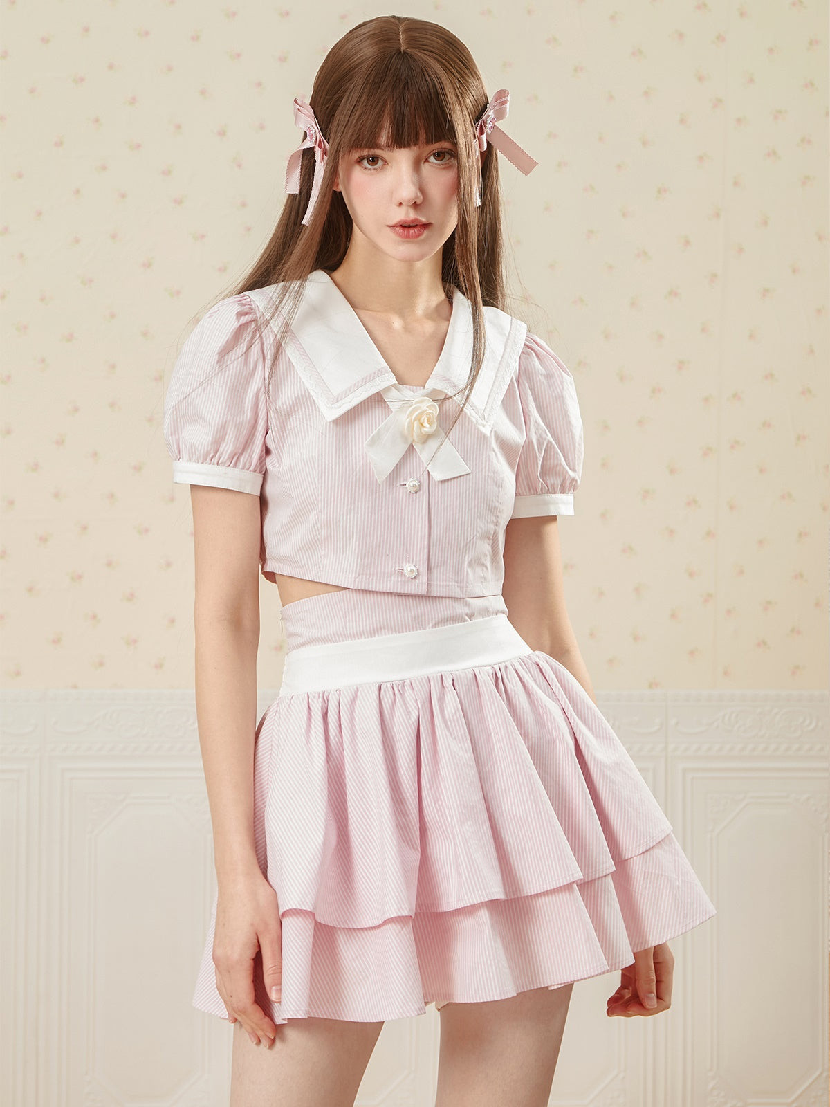 Stripe Sweet Puff Sleeve Top ＆ 2Lengthe Skirt