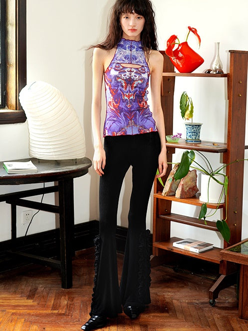 Frill Stretch Knit Long Flared Pants