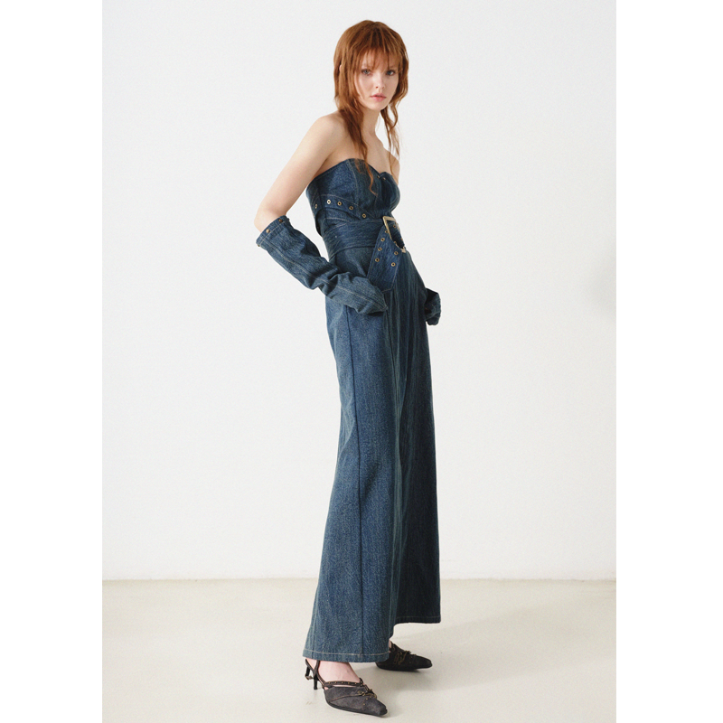 Denim Bare Top Long Dress With Sleeves