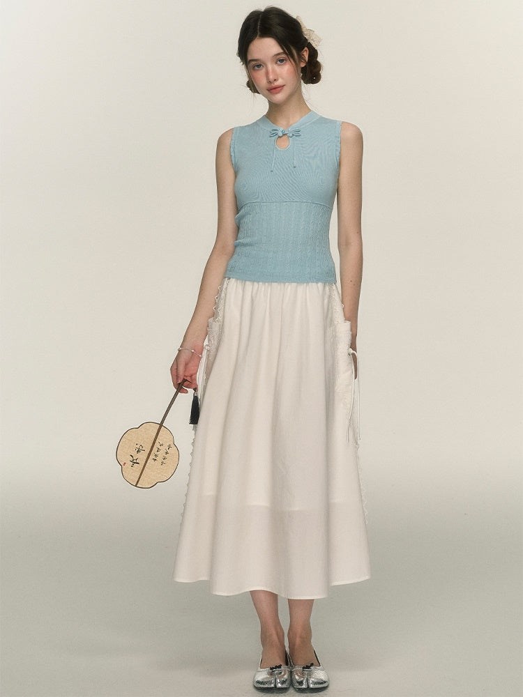 Side Lace Stitch Long Gather Skirt