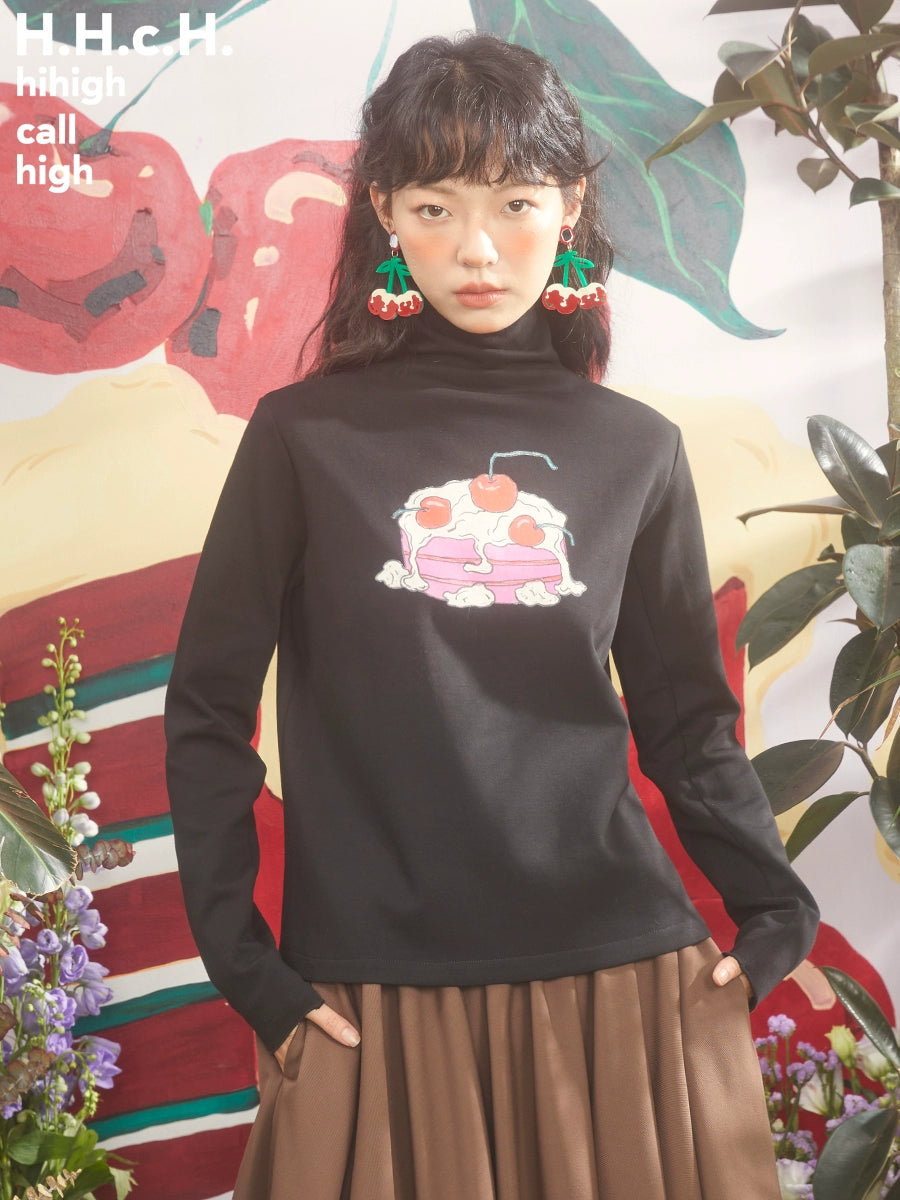 Cherry Cream Cake Print Turtleneck Bottoming Shirt