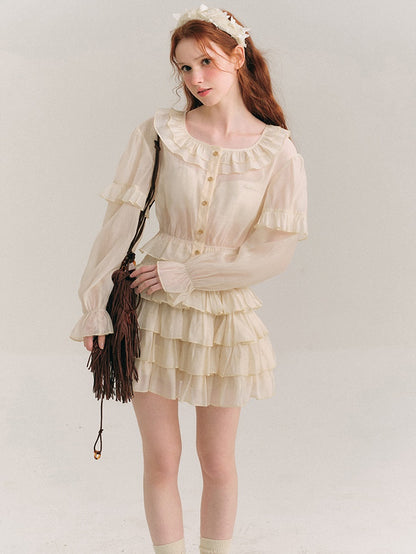 Shimmer Frill Collar Shirt ＆ Fluffy Cake Skirt