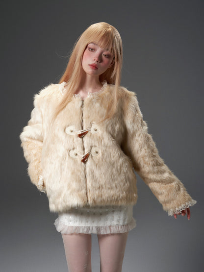 Gradient Lace Spliced Horn Button Detachable Fur Jacket