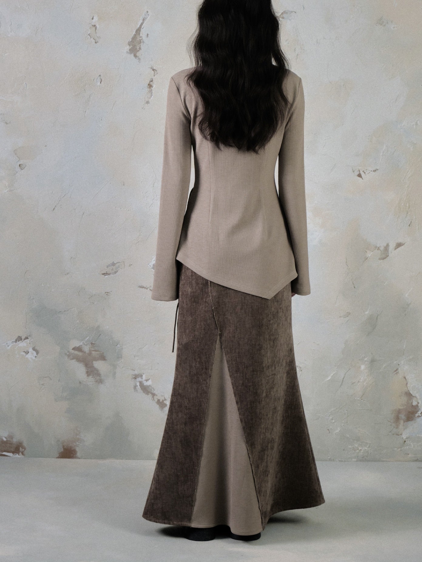 Chinese Style Cut-out Mao Collar Top ＆ Spliced Maxi Skirt