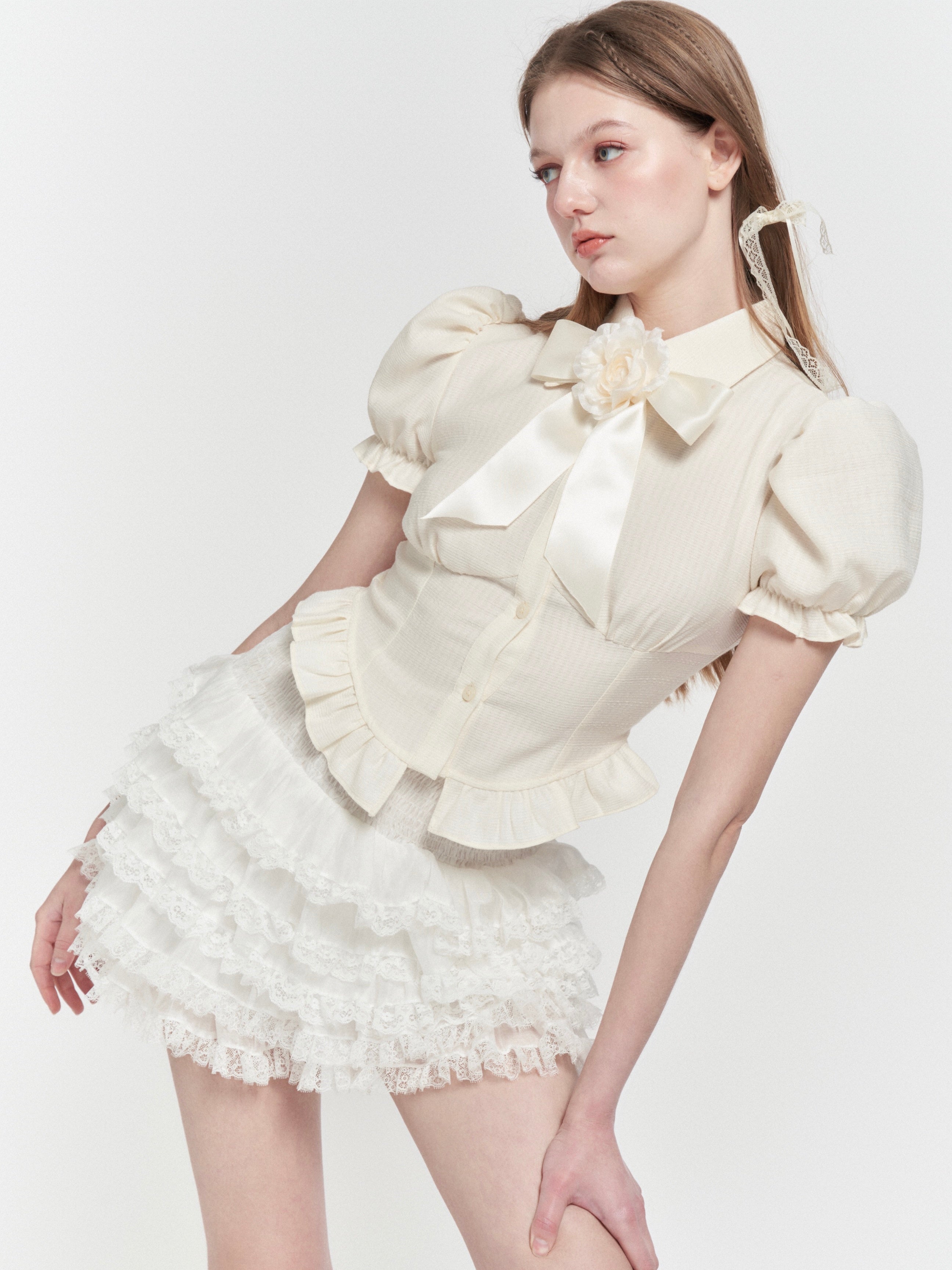 Camellia Ribbon Brooch Ruffle Puff Sleeve Shirt