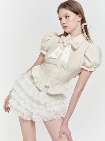 Camellia Ribbon Brooch Ruffle Puff Sleeve Shirt