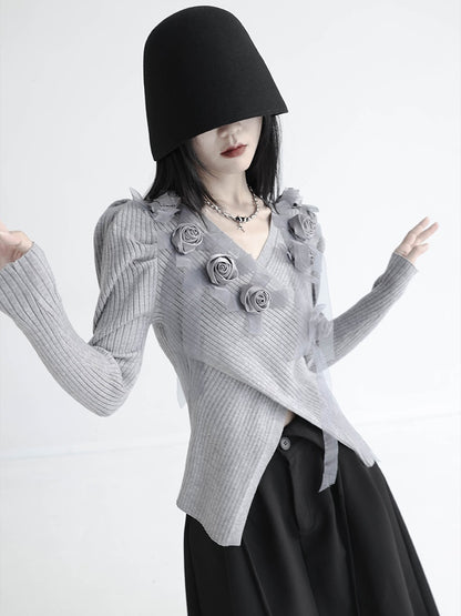 Cross V-neck Rose Splicing Sweater